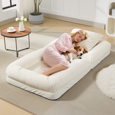 Upholstered Human Dog Bed for Adult & Pets, Large Chenille Tatami Bean Bag Bed with 5 Adjustable Position, 2 Pillows,Lounge Chaise with Memory Foam