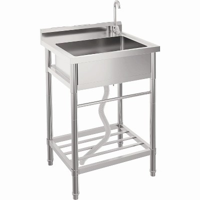 Stainless Steel Utility Sink, Freestanding Single Bowl Design with Hot/Cold Water Pipes, Includes Faucet, Storage Rack, For Garage, Restaurant