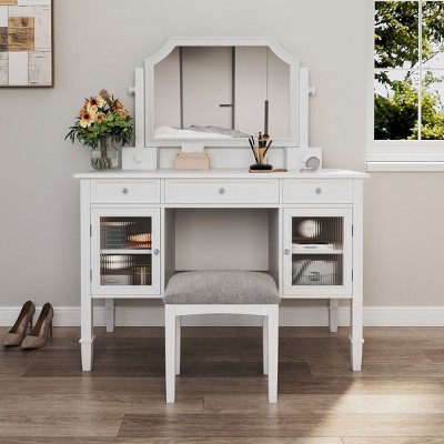 Makeup Vanity Desk with Storage Drawers and Adjustable Mirror featuring Sleek Modern Design for Bedroom or Dressing Room-3irtyhousy