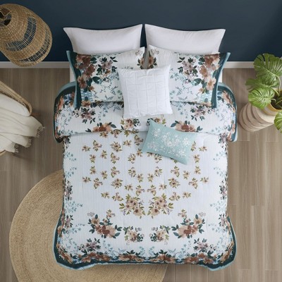5 Pcs Shabby Chic Floral Print Cotton Comforter Set, All Season Elegant Home Textile fits Lux Bedroom Decor