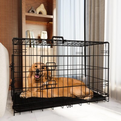 Foldable Metal Dog Enclosure with Divider and Leak-Proof Tray, Dual-Door Wire Cage for Indoor, Outdoor, and Travel Use