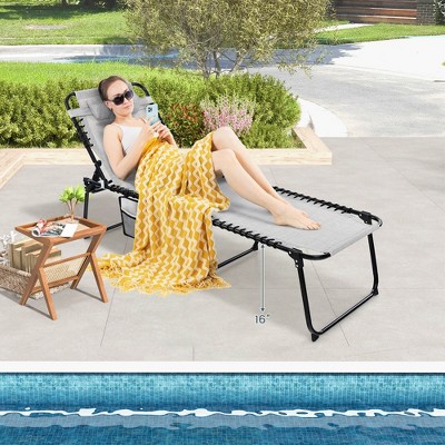 Costway Folding Beach Lounge Chair Heightening Design Patio Lounger w/ Pillow Black\Grey