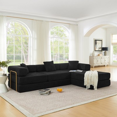 L Shaped Convertible Sleeper Sofa Bed Boneless Floor Sofabed , 7-in-1 DIY Combination Corduroy Folding Mattress Couch w/ Fixed-Shape Frame