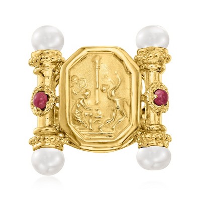 Ross-Simons Italian Tagliamonte 5-5.5mm Cultured Pearl and .40 ct. t.w. Ruby Cameo-Style Ring in 18kt Gold Over Sterling