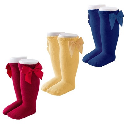 Cozyway Baby & Toddler Knee High Bow Socks, 3 Pack for Girls, Blue/Yellow/Red, 2-4 Years Old