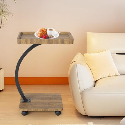 Side Table with Rolling Wheels, Sofa Couch Arm Table, Tv Tray, Small Bed Stand, C Shaped End Tables for Living Room, Bedroom, Bedside