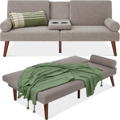 Best Choice Products Fabric Upholstered Convertible Futon w/ Rounded Armrests, Wooden Legs, 2 Cupholders