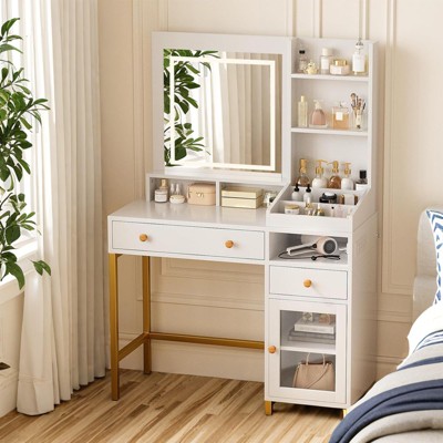 Homhougo Vanity Desk with Lighted Mirror & Power Outlet, Makeup Table with 2 Drawers, Cabinet & Shelves for Bedroom