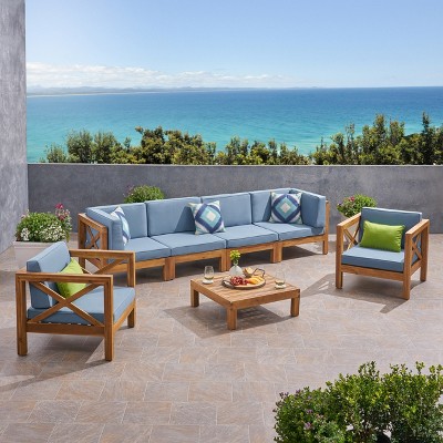 Christopher Knight Home Jeremy 7 piece Outdoor Acacia Wood Sectional Seating Set with Slatted Coffee Table and Cushions