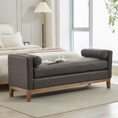 Hrinhom 66.3"W PU Upholstered Bedroom Bench with Pillows and Solid Wood Legs, Bedroom, Entryway