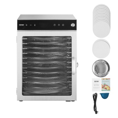 VEVOR Rotary Food Dehydrator Machine, 12 Stainless Steel Trays, 800W Electric Food Dryer with Adjustable Temperature & 24-Hour Timer, Silver