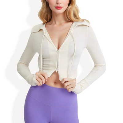Anna-Kaci Active Women's Cropped Zip-Up Active Jacket with Ribbed Details and Thumb Holes