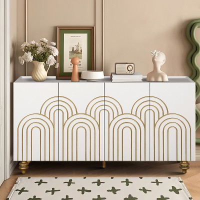TIRAMISUBEST Fluted Design Buffet Cabinet with Storage,4-Door Storage Cabinet with Adjustable Shelves