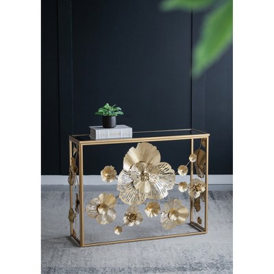 Gold Console Table with Mirrored Glass Top, Modern Entryway Table for Living Room & Foyer