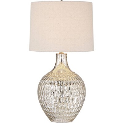 360 Lighting Modern Table Lamp 28" Tall with USB Charging Port Mercury Glass Off White Drum Shade for Bedroom Living Room House Home Bedside Office