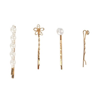 Unique Bargains Women's Simple Hair Clips Gold Tone White 4pcs