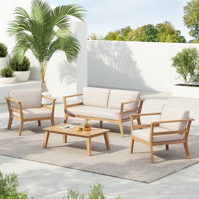 Scott Living Edith 4-Piece Outdoor Acacia Wood Patio Seating Set with Coffee Table and Water-Resistant Beige Cushions