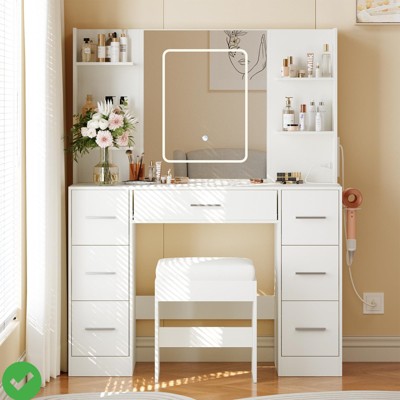Vanity Desk w/Mirror & Lights Power Outlet and Stool Makeup Vanity Table