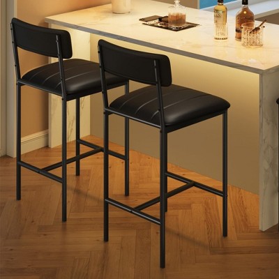 Bar Stools Set of 2, Kitchen Bar Stools with Footrest, PU Upholstered Counter Height Barstool, Bar Chairs for Kitchen Island, Counter, Classic Black