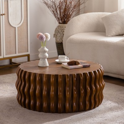 Kumasinova 32"/39" Drum Shape Modern Round Coffee Table,Mid-Century Center Table with Solid Base,End Table for Living Room,Apartment,Natural Wood