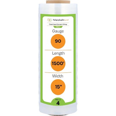 PSBM 4 Rolls 15" x 1500' 90 Gauge Cast Hand Pallet Stretch Wrap Plastic Shrink Film