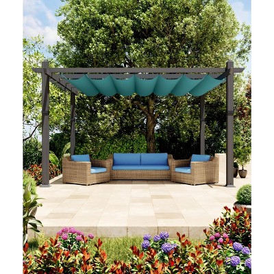 10x10 Ft Outdoor Pergola, Heavy-Duty Aluminum Pergola with with Retractable Canopy, Sun Shade Shelter for Patio Backyard, Grey Frame + Khaki Canopy