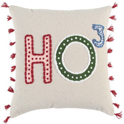 18"x18" Poly Filled 'Ho' Square Throw Pillow - Rizzy Home: Embroidered, Machine Washable, Indoor Decor