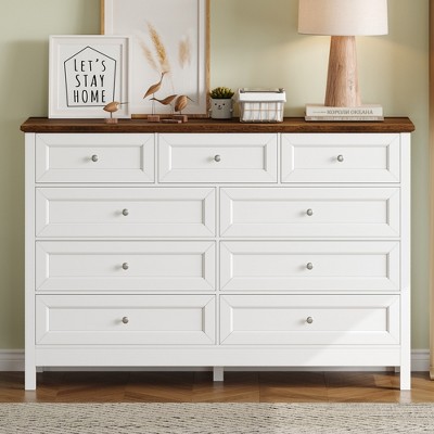 QingMoon Rustic Storage Dresser With 9 Drawers,Silver Handle Classic X-shaped Side Panels Reliable Structure Timeless Elegance For Living Room