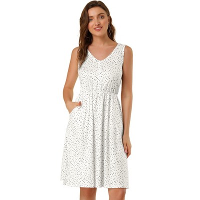 INSPIRE CHIC Women's Midi Polka Dots V-Neck Tie Drawstring Waist Sleeveless Dress