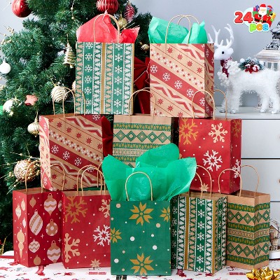 Joyfy 24 Pcs Christmas Kraft Gift Bags, Reusable Xmas Goody Wrap Craft Bags with Handles for Presents Wrapping Gifts Decorations Party Favor