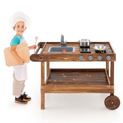 Costway Kids Wooden Mud Play Kitchen Cart with Sink, 4 Stoves & Storage Shelf Natural