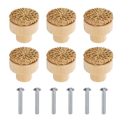 Unique Bargains Rattan Wood Handmade Round Dresser Cabinet Knobs with Screws