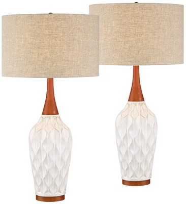 360 Lighting Rocco Modern Mid Century Table Lamps 30" Tall Set of 2 White Ceramic Tan Fabric Drum Shade for Bedroom Living Room Bedside Nightstand