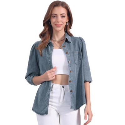 INSPIRE CHIC Women's 3/4 Puff Sleeve Collar Button Down Jean Shirts