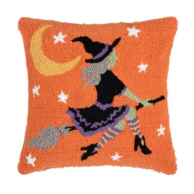 C&F Home Flying Witch on Broom Moonlight Halloween Hooked Accent Throw Pillow 16" x 16"