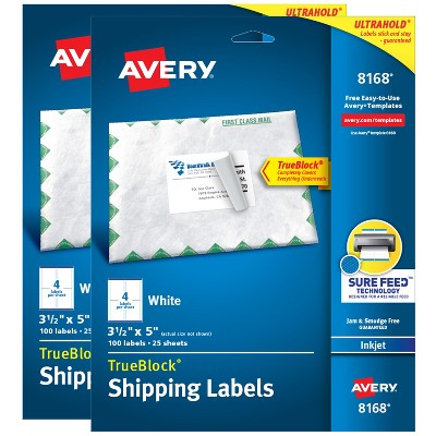 Avery Printable TrueBlock Shipping Labels, 3.5" x 5", Sure Feed, White, 2 Pack, 200 Labels Total (5640)