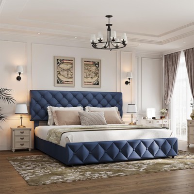Platform Bed Frame with 4 Drawers, Linen Upholstered Bed Frame with Adjustable Diamond Button Tufted Headboard, Noise Free