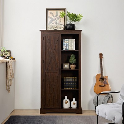Tall Storage Cabinet Living Room Storage Cupboard Display Cabinet With Open Shelves Accent Cabinet With Barn Door-Maison Boucle