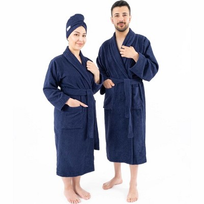 American Soft Linen, 100% Cotton Robes for Women and Men, 1 Piece Soft Lightweight Adult Couple Bathrobes, Large - Navy Blue