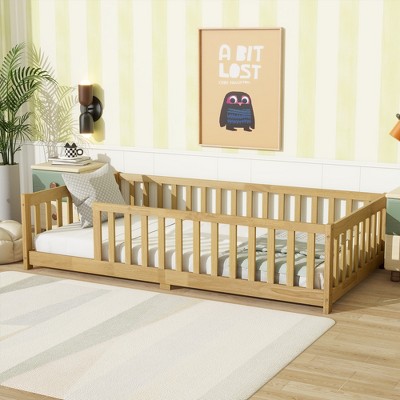 ModernLuxe Twin Size Floor Bed with Fence, Rubber Wood Bed Frame with Safety Guardrails, No Spring Box Required, Perfect for Kids
