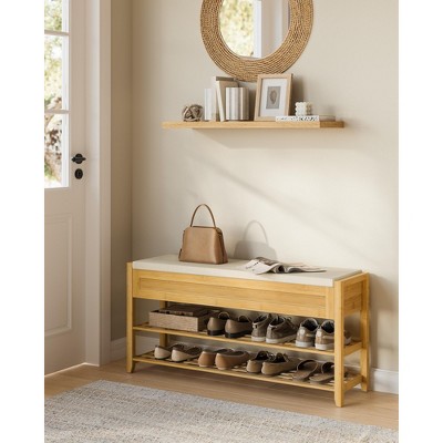 SONGMICS Storage Bench, Bamboo Shoe Rack, Entryway Furniture, 39.4 Inces Wide, Hidden Storage Compartments, 2-Tier Shoe Shelves