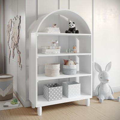 Buzz & Bloom Wood Open Bookshelf with Covered Rounded Top, 4 Shelves, and Cylindrical Legs