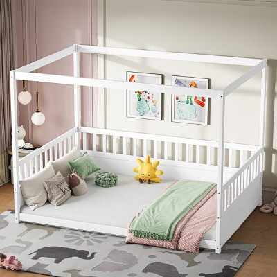 Canopy Bed Frame Full Size Modern with Guardrails for Kids Floor Design for Bedroom - 3irtyhousy