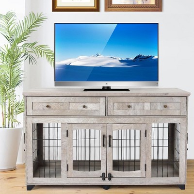 Dog Crate Furniture for 2 Dogs,Large Dog Crate Furniture,58 Inch 2 in 1 Wooden End Table with 5 Doors & Storage Drawers