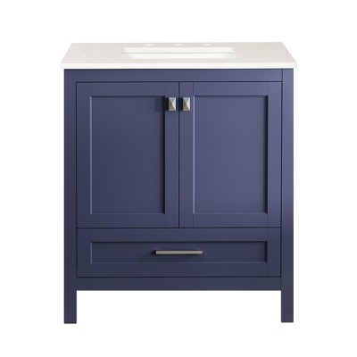 ChicFurnit 30 Inch Bathroom Vanity with Sink Freestanding Vanity with Marble Top and Soft Close Door for Bathroom, White/Gray/Blue, 29.92"*19.09"*34"