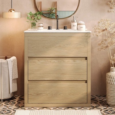 ORRD 30" Bathroom Vanity w/ Ceramic Sink, 2 Soft-Close Drawers - Freestanding Natural Wood Vanity with Modern 45° Handle Design