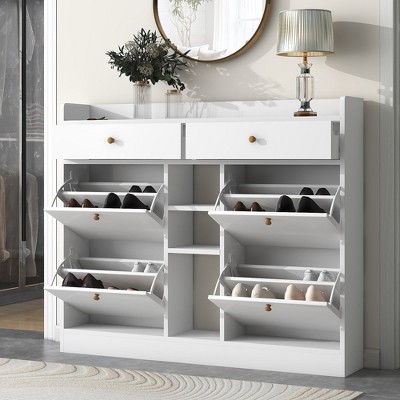 Shoe Cabinet with 4 Flip Drawers, Multifunctional 2-Tier Shoe Storage Organizer with Drawers, Free Standing Shoe Rack for Entrance Hallway, White