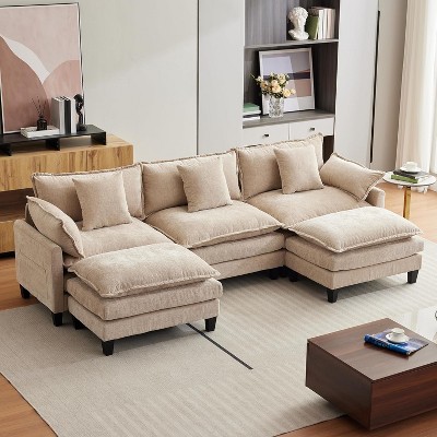 3-Seater L Shaped Modern Cloud Sofa Modular Sectional Couch with Pillow and Footstool for Living Room,Bedroom and Apartment