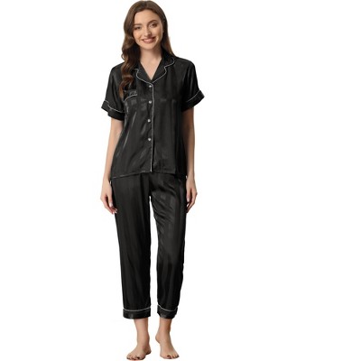 cheibear Women's Satin Button Down Short Sleeve Sleepwear with Long Pants Pajama Set
