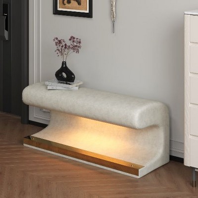 CAVINAS Modern Entryway Bench, Faux Leather Upholstered Ottoman with LED Sensor Light for Living Room, Bedroom